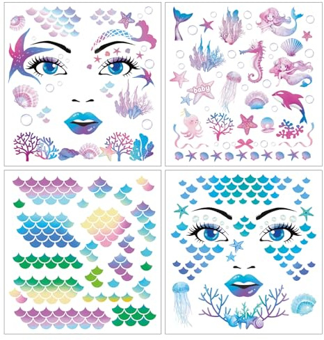 Autocollants De Tatouages Temporaires En Forme D'écailles De Sirène, 4 Feuilles Tatouage Visage Paillettes Écailles De Sirène Tatouage Temporaire Sirène Ta-touage Éphémère Pour Halloween, Carnaval