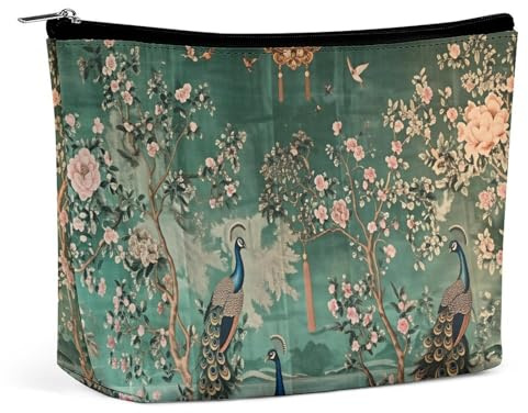 Vintage Kosmetiktasche mit Pfauen- und blühendem Gartenmotiv, ideal als Handtasche, Reise-Kulturbeutel mit Reißverschluss und für Kosmetikartikel.
