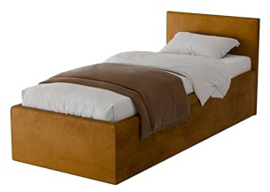 Meblofun Polsterbett Wiki mit Kopfteil, 90x200 cm, mit Bettkasten und Lattenrost aus Holz, Velourstoff, Farbe: Gelb