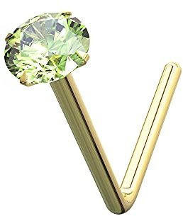 AZARIO LONDON 9K Yellow Gold Nose Stud Claw Set 2.5MM Peridot Green Round Crystal Stone 22 Gauge L Bend Nose Stud Piercing Jewellery