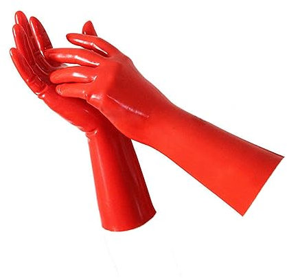 EXLATEX Rubber Secrets Handgelenk-Handschuhe, kurz, Latex, verschiedene Zehen, rot, M-Handgelenk herum-17 cm