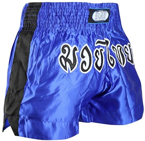 BAY Remy Thaiboxhose Kickboxhose Muay Thai Hose kurz aus Polyester mit traditioneller Thaischrift Blau/Schwarz für Damen, Herren, Kinder, Erwachsene, Mädchen, Jungen Größe XS
