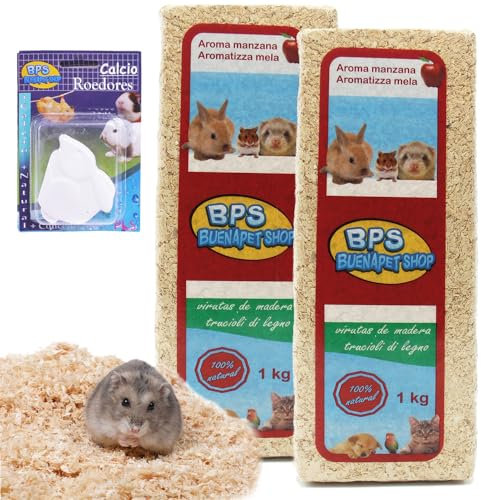 BPS Virutas de Madera Lecho Higienico para Mascotas (Regalo 1Kg Calcio Roedores) Serrín para Gato Animales Pequeños Hámster Conejo Loro Ardilla (2 Kg, Aromo Manzana) BPS-4052 * 2