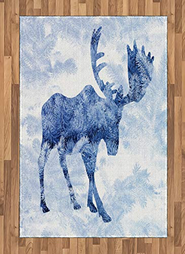 ABAKUHAUS Elch Teppich, Blauer Winter-Geweih-Baum, Deko-Teppich Digitaldruck, Färben mit langfristigen Halt, 120 x 180 cm, Weiß Blau