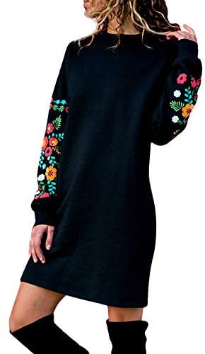 AMhomely Women Dresses Promotion Sale Clearance,Women Autumn Winter Casual Long Sleeve Floral Embroidery Sweatshirt Dress Plus Size Dress UK Size Black
