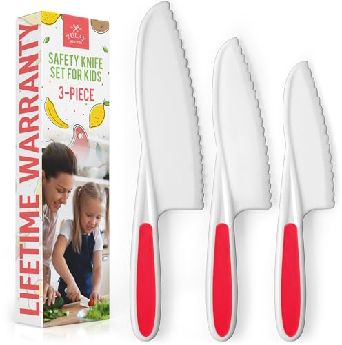 Zulay Kitchen 3-Piece Kids Knife Set for Real Cooking & Baking - Toddler Knives for Cutting Fruits, Veggies, & Cake - Children’s Montessori Knive with Serrated Edges - Safe & Fun Lettuce Knife (Red)