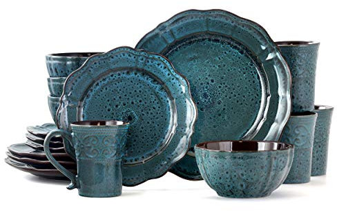 Elama Round Stoneware with Scalloped Edges Juego de vajilla, gres, Azul