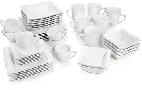 Sänger | Tafelservice Paris 42 teiliges Geschirr-Service für 6 Personen aus Porzellan, Speise-, Dessert-, Suppenteller, Schalen, Becher, Tassen und Untertassen, Alltag Teller Set | PREMIUM COLLECTION