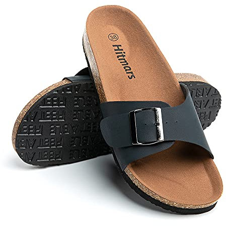 Hitmars Mules Femme Plate Sandale ete Femmes Semelle Liege Chausson Pantoufle Support de L'arche Chaussures Tongs Boucle Confort Noir Taille 40 EU