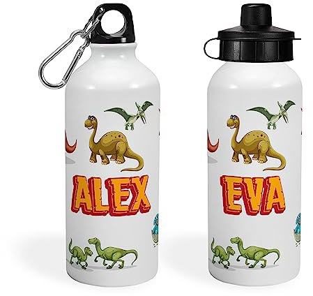 Print Maniacs Personalised Water Bottle School Sport Cap Drink White Silver 600ml or 400ml Aluminium Kid Boys Girls Biking Gift Dinasour (White, 400ml)