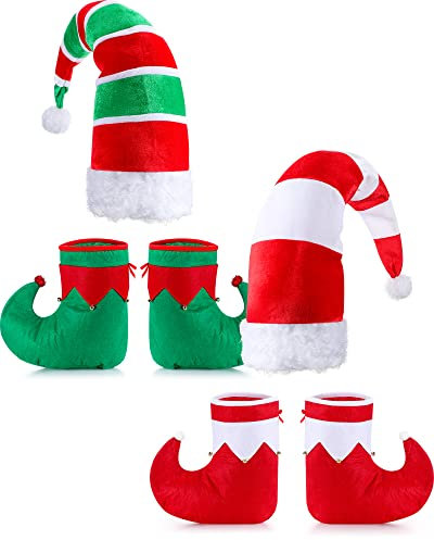 Jadive 6 Stück Weihnachten Elfen Schuhe Mütze Set für Erwachsene Grün Weiß Kostüm Zubehör Set Elfenhut Stiefel Elfen Rote Bonbon Schuhe für Abschlussball Verkleidung Weihnachten Geschenke