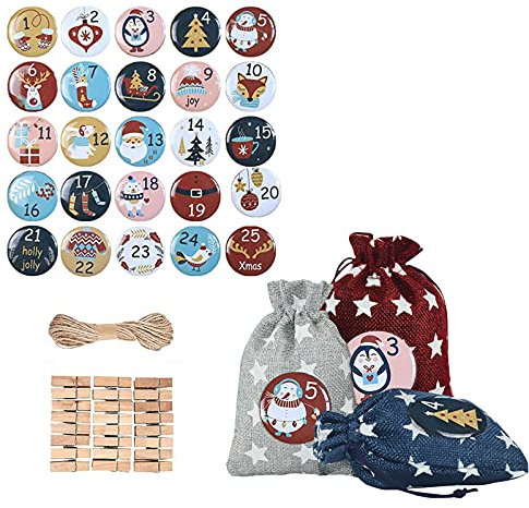 TianWlio Weihnachten Sackleinen Tasche Kordelzug Digital Badge Countdown 24PC Weihnachten Geschenksäckchen mit 1-24 Aufkleber (As Shows, One Size)