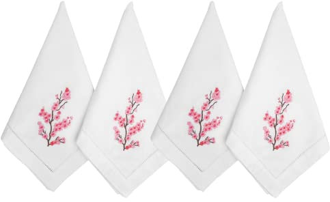 HCRAFT Bestickte Baumwoll-Tischservietten, Stoffservietten, 4 Stück, 45.7x45.7 cm, Kirschblüten-Serviette, quadratischer Stoff, Esszimmer, Servietten, Weihnachtsservietten, tolle Geschenkideen