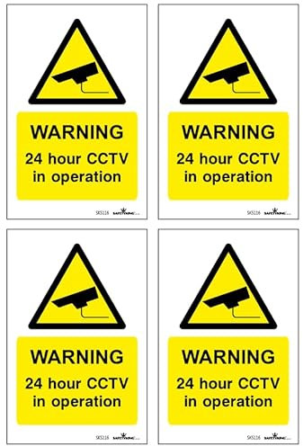 SAFETYKING® Pack Of 4 CCTV Sign Stickers 10cm x 6.5cm | Waterproof Security Camera Self Adhesive Small CCTV Stickers | 24 Hour CCTV In Operation Sign | Indoor Or Outdoor Use | CCTV Vertical Sticker