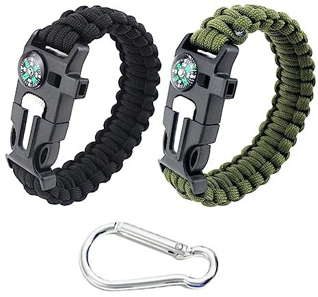 Paracord Survival Armband, Multifunktion Paracord Armband Überlebensarmband, 2 Stück 5 in 1 Outdoor Survival Kit für Herren Damen, mit 1 Karabinerhaken, für Wandern, Camping, Bootfahren, Notfall
