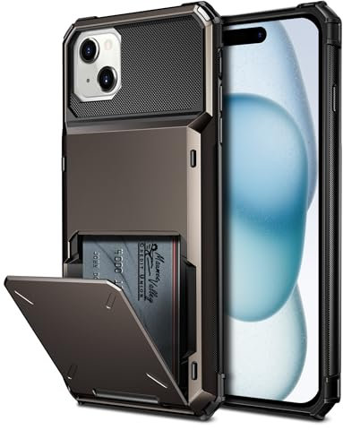 Coolden for iPhone 15 Plus Case with Card Holder Wallet Cover 4 Card Pocket Shockproof Heavy Duty Hard Back TPU Bumber Flip Protective Cases Cover for iPhone 15 Plus Phone Case-Gun