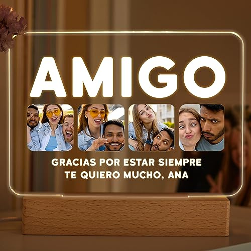 Transparent Gift Lámpara Personalizada con Fotos Palabra Amigo o Amiga. Regalos Originales para Cumpleaños, Navidad. Regalos Personalizados para Amigos. Decoración e Iluminación. Luz LED Nocturna