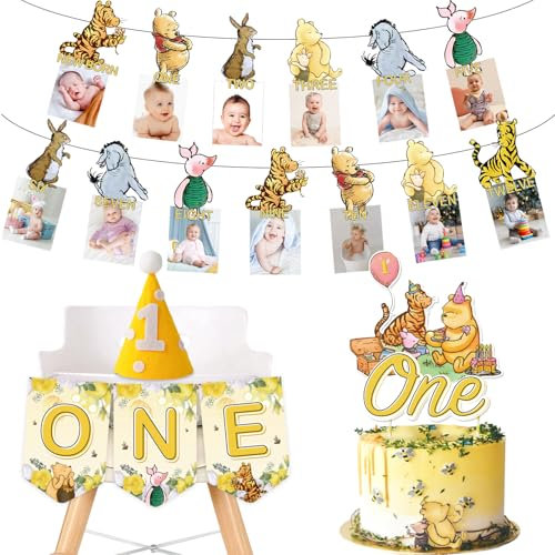 Klassische Winnie 1. Geburtstag Party Dekorationen, Vintage Winnie Milestone Foto Banner, One Cone Hut, The Pooh One Hochstuhl Banner Erster Geburtstag Dekorationen für Junge