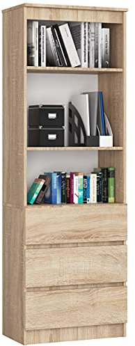 AKORD Bücherregal CLP 60 cm | 3 Schubladen 3 Einlegeböden stehend | für Schrank Wohnzimmer Schlafzimmer Bücherregale | Minimalistisch | Laminierte Platte 16 mm | Sonoma-Eiche + Sonoma-Eiche Front