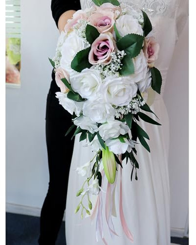 Brautstrauß, Künstliche Hochzeitssträuße, Romantische Hochzeitsblumen Für Die Braut, Handgefertigter Brautstrauß, Rosenblüten Für Die Hochzeitszeremonie, Wurfstrauß Für Die Kirche,Weiß + Rosa