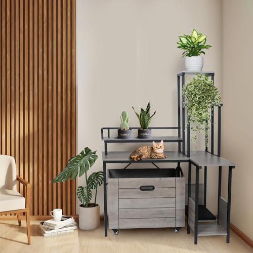 IDEALHOUSE 2024 New Hidden Litter Box Furniture - Cat Litter Box Enclosure Furniture with Flower Stand, Pullable Carring Tray, Coner Plant Stand, Corner Wooden Cat Washroom