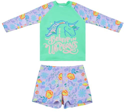 POWER FLOWER Girls Long Sleeve Swimsuits Rashguard Sets Bathing Suit Sun Protection Swimwear for 2-12 Years (2-4 Years, LA525-Green)