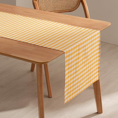 Gamusi Vichy Tischdecke, rechteckig, schmutzabweisend, wasserdicht, kariert, 45 x 170 cm, Baumwollgewebe, atmungsaktiv und weich, Gelb