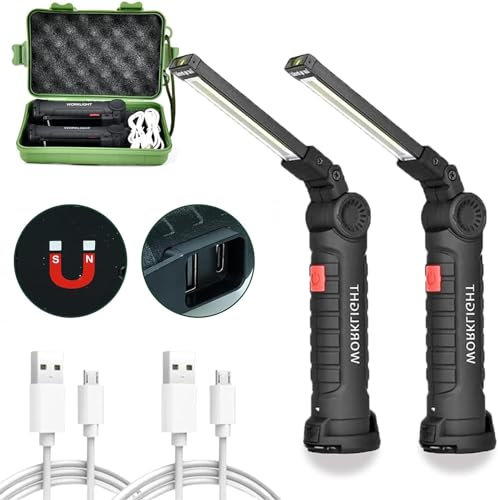 Laspi Lampe Aimantée Led Rechargeable,2 Pièces Lampe de Travail Lampes Magnetique D'inspection Lampe Torche Portable,Cadeau Homme Camping Lampe pour Garage, Camping, D'urgence, Etc