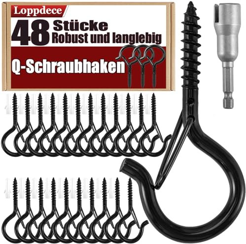 Loppdece 48 Stück Haken zum Schrauben, Schraubhaken Schwarz, Edelstahl Hakenschrauben mit Sicherung, Q-Hanger Schraubhaken Schwerlast für Pflanzenkörben Vogelhäuschen Windspielen Lichterketten