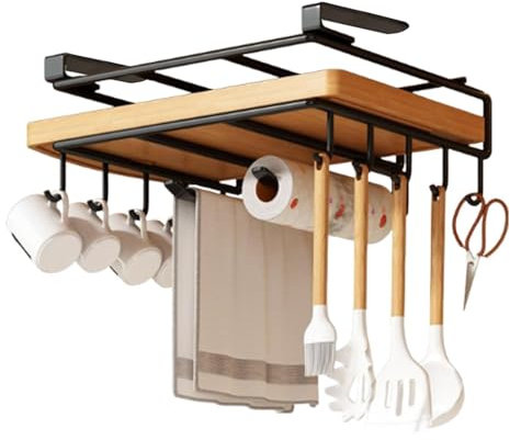 Monozoz Ganci per tazze sotto mobiletto, Supporto multifunzionale per tagliere sottopensile in acciaio inossidabile, Gancio da cucina senza perforazione, stabile porta asciugamani di carta per