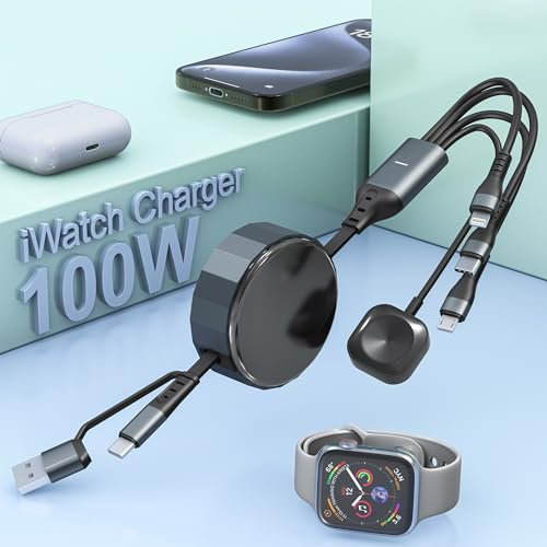 4 in 2 Multi Ladekabel für Apple Watch und iPhone 15,100W USB A & USB C Apple Watch Ladegerät, Kurz Einziehbares Schnellladekabel und MFi-zertifiziert für iWatch 10/9/8/7/6/SE/5/4/3/Ultra/iPhone 16 15