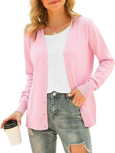 Yommay Cardigan à manches longues doux basique col en V boutonné léger en tricot solide et élégant pour femme, A01-rose., L
