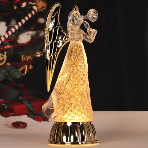 Angel Lighted Christmas Snow Globe, 12 Trumpet Angel Figurines with Golden Wings, Christmas Home Decor Angel Gifts, USB/Battery Operated Swirling Glitter Snow Globe Lantern Angel with Timer