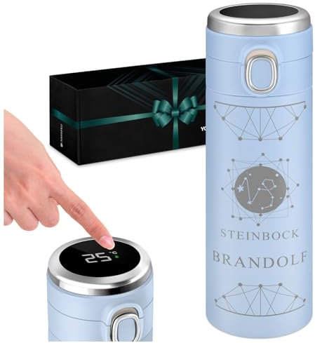 Maverton Trinkflasche mit Gravur 400 ml mit LED-Touch-Anzeige - Thermobecher auslaufsicher 100% dicht - Thermosflasche aus Edelstahl - Reisebecher für Männer - blau - Sternzeichen