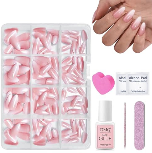 DMQ Almond False Nails: 240Pcs Medium, Oval Pink Gradient, Glossy Full Cover, 12 Sizes, Art Nails for Women Girls