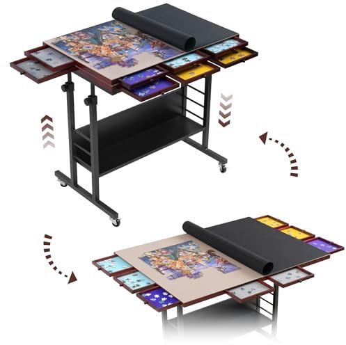 Tektalk Puzzle Table with Folding Table Top, Height Adjustment, Puzzle Board with 2 Felt Covers and 8 Sorting Trays, Enclosed with 4 Roller Wheels, for up to 2000 Puzzle Pieces (Black)