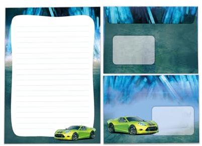 Briefpapier-Set Briefblock mit Umschlag für Jungen Jungs Kinder Rennauto grün Kindermotiv Briefbögenblock liniert (Block A5 mit 25 Blätter + 15 Umschläge)