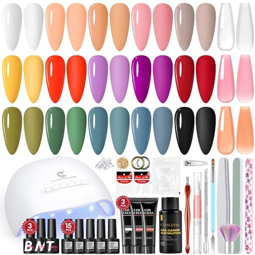 COSCELIA Kit Semipermanente Unghie con Lampada, 15 Colori Smalto Gel Unghie UV e 3 Colori Poly Unghia Gel Kit Unghie Gel Completo Base Coat Top Coat Unghie Gel Set Nail Studio Unghie Fai Da Te