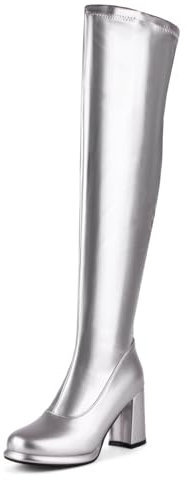 Diuniarza Woeens Vernice Sopra Il Ginocchio Warm Pelle Moda Tacco a Blocco Eleganti Stivali Plateau Festa Stivali Alti Zip Argento Numero 36 EU