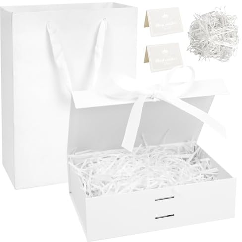 Geschenkbox mit Deckel, 23 x 17 x 7cm Geschenkkarton mit Schleife, Grußkarten und Bast, Geschenke Box für Geburtstage, Hochzeiten, Valentinstag, Weihnachten(Weiß)