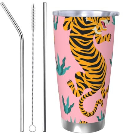 HDTVTV Tigers Dancing On Pink Asian Tiger Gold Orange and Black Animal Print Insulated Water Bottle 20 Oz Stainless Steel Mug Vacuum Tumbler Water Flask