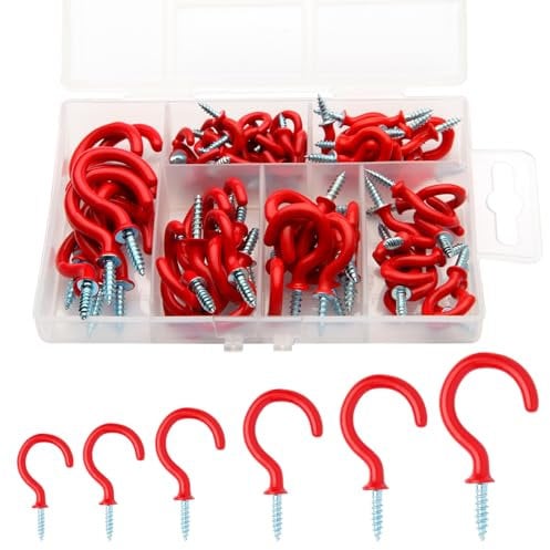 Tahbarshi 75 rote Metall-Deckenhaken, vinylbeschichtete Schraub-Wandhaken zum Aufhängen von Pflanzen, Tassen, Utensilien, Lichtern und für den Innen- und Außenbereich