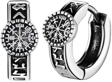 JewelryWe Wikinger Creolen Ohrringe Herren: Edelstahl Nordische Runen Kompass Vegvisir Creolen Huggie Hoop Ohrringe Viking Amulett Schmuck Geschenk für Männer Frauen Silber