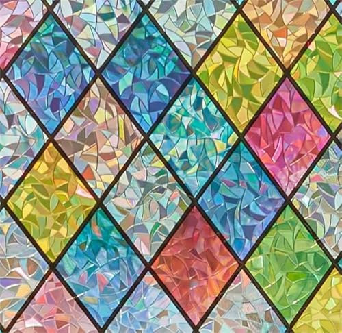Fensterfolie - Selbstklebend Statische Folie, fensterfolie Blickdicht Bunt Blickdichte Sichtschutzfolie für Badezimmer, Haustür, Haus, Sonnenschutz, Wärmeschutz,farbiges Rautenmuster 44 x 200 cm