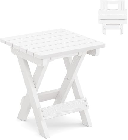 LUE BONA Piccolo tavolino pieghevole per esterni, in HDPS, per patio, veranda, terrazza, piscina, altezza 35,5 cm, bianco