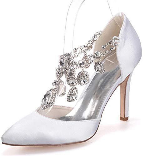 DANOBAB Scarpe da Sposa Donna Punta a Punta Strass Raso Base Décolleté Primavera/Estate Fucsia/Champagne/Avorio,Bianca,39