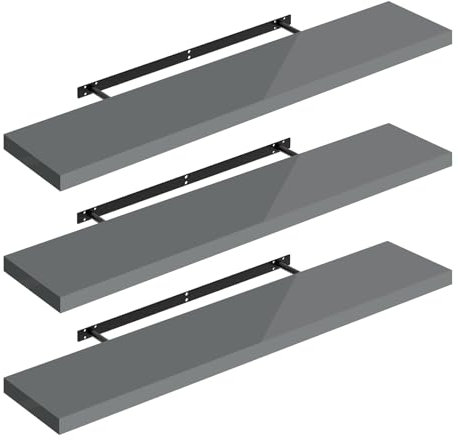 WOLTU Wandregal Set von 3 Regalen Wandboard Freischwebend Schweberegal CD DVD Regal Bücherregal Holz Board 120x22,9x3,8cm Hochglänzend Grau RG9484gr-3