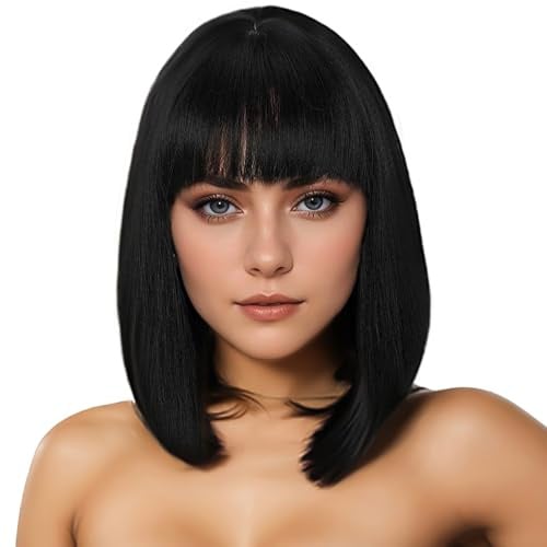 DAVBNM Black Bob Wig For Women, 14 Straight Bob With Flat Bangs, Shoulder Length Short Wig, Carnival Party Cosplay Halloween Hair Wigs For Girls Women