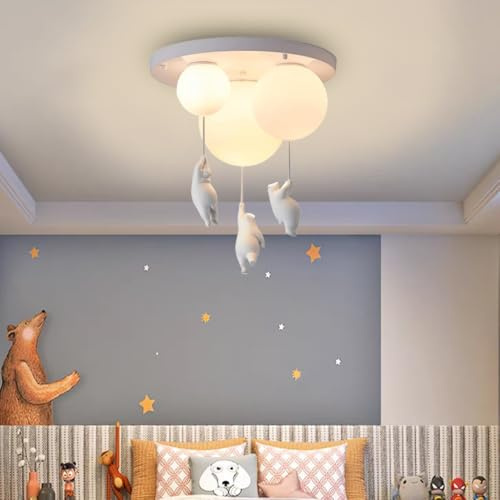 Stesulfr Deckenbeleuchtung Moderne Schlafzimmer Deckenlampe E27 Harz Bär Dekoration 3 Lampen Acryl runder Lampenschirm weiß kreative Deckenleuchte geeignet für Restaurant Kinderzimmer Studio