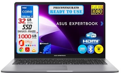 ASUS ExpertBook P1 (P1503), Intel i7-13620H, 32GB RAM DDR5, 1TB (1000GB) NVMe SSD, 15.6 Full HD 1920x1080, Intel UHD Graphics, Windows 11 Pro - Office 2021 - Pronto All'Uso